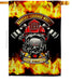 Firefighter-themed banner flag with helmet, flames, and text on a black background