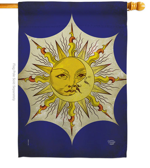 Decorative flag with a sun and crescent moon design on a blue background