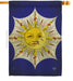 Decorative flag with a sun and crescent moon design on a blue background