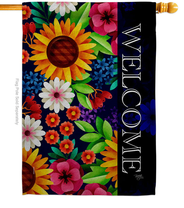 Decorative banner flag with colorful flowers and the word 'Welcome' on a black background