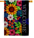 Decorative banner flag with colorful flowers and the word 'Welcome' on a black background