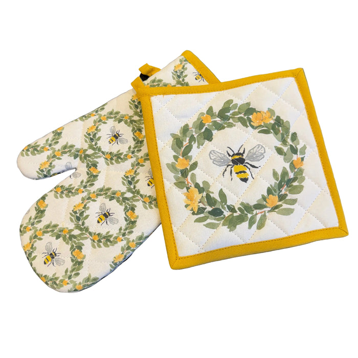 Bee Field Cotton Oven Mitt & Pot Holder Set