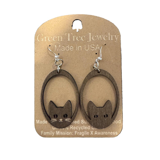 Sneaky Cat Brown Wood Earrings