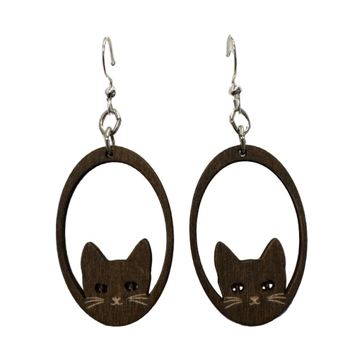 Sneaky Cat Brown Wood Earrings