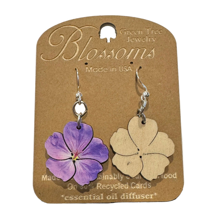 Violet Flower Blossom Wood Earrings