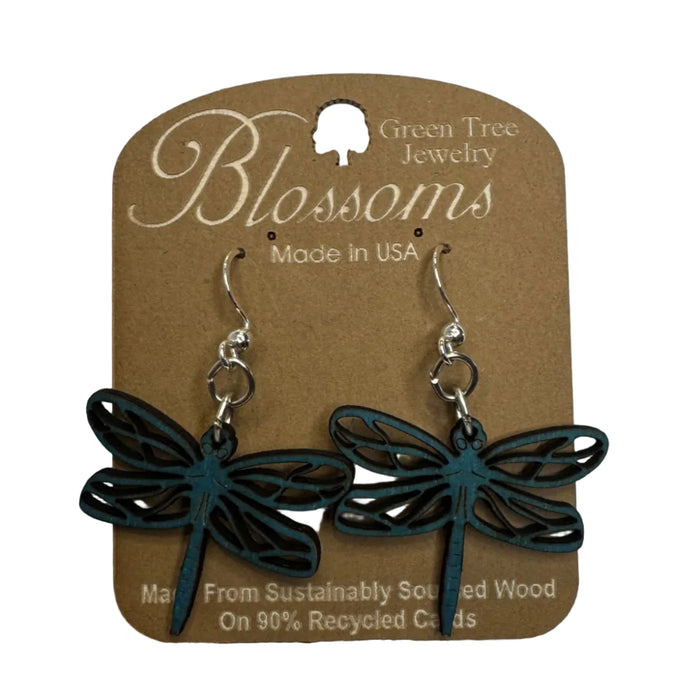 Dragonfly Blossoms Brilliant Blue Wood Earrings