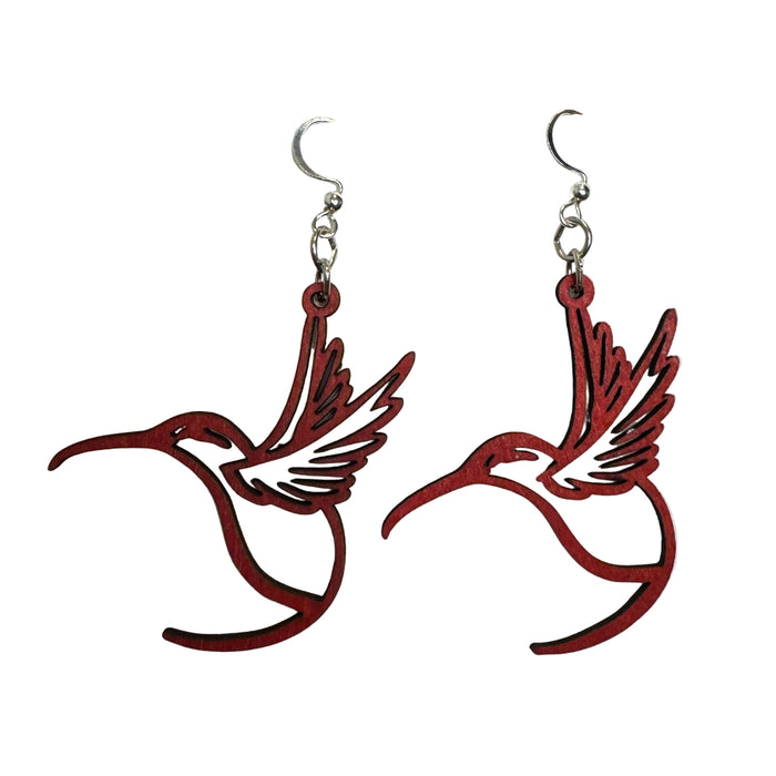 Hummingbird Outline Cherry Red Wood Earrings