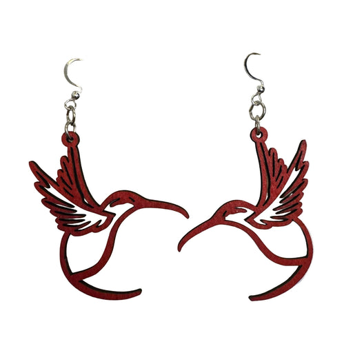 Hummingbird Outline Cherry Red Wood Earrings