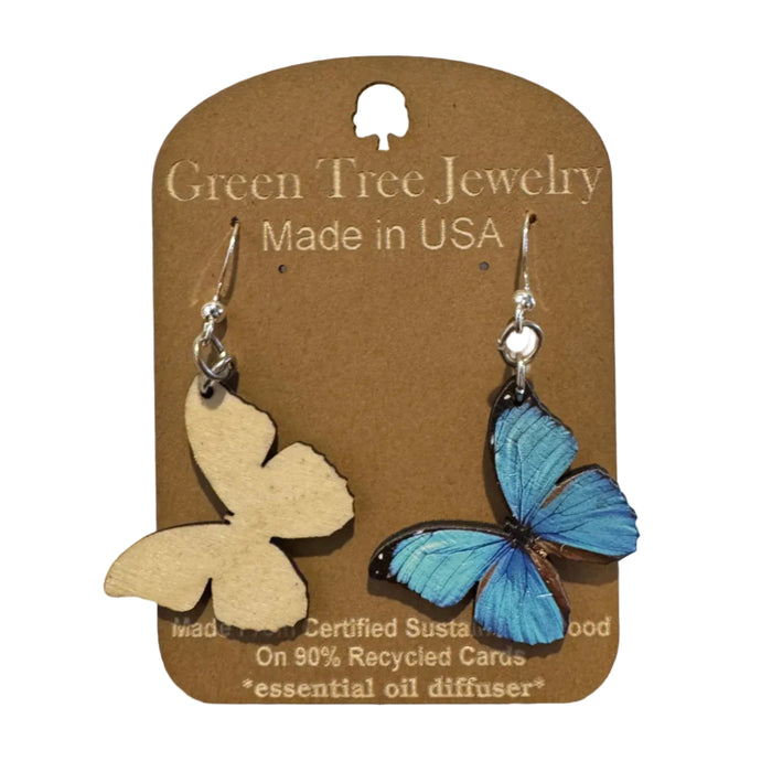 Blue Morpho Butterfly Wood Earrings