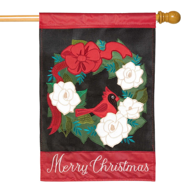 Decorative Christmas flag with cardinal, flowers, and 'Merry Christmas' text on a black background.