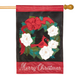 Decorative Christmas flag with cardinal, flowers, and 'Merry Christmas' text on a black background.