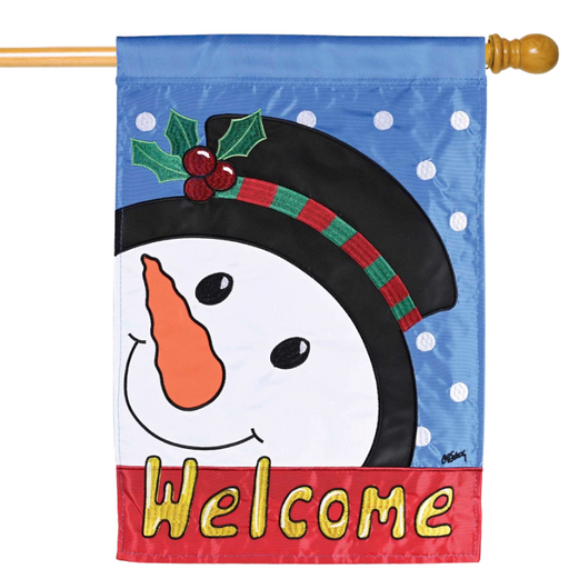 Decorative flag with a snowman design and 'Welcome' text on a blue background with white polka dots.