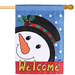 Decorative flag with a snowman design and 'Welcome' text on a blue background with white polka dots.