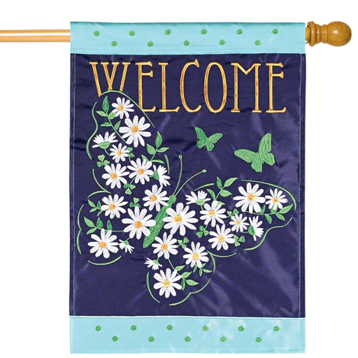 Welcome Floral Butterfly Applique Banner Flag