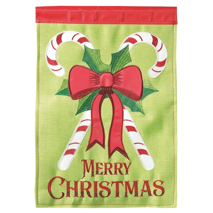 Christmas-themed garden flag with candy canes, bow, and 'Merry Christmas' text on a green background.