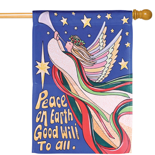 Decorative flag with angel design and 'Peace on Earth Good Will to All' text against a blue background with stars.