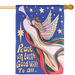Decorative flag with angel design and 'Peace on Earth Good Will to All' text against a blue background with stars.