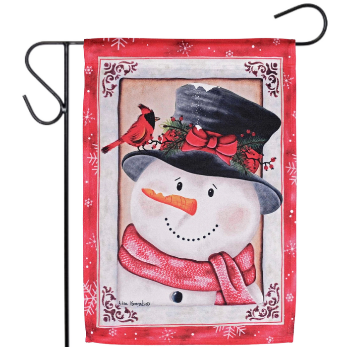Decorative garden flag with a snowman, cardinal, and red border with snowflakes
