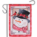 Decorative garden flag with a snowman, cardinal, and red border with snowflakes