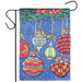 Decorative garden flag with colorful Christmas ornaments and 'Peace on Earth' text on a blue background.