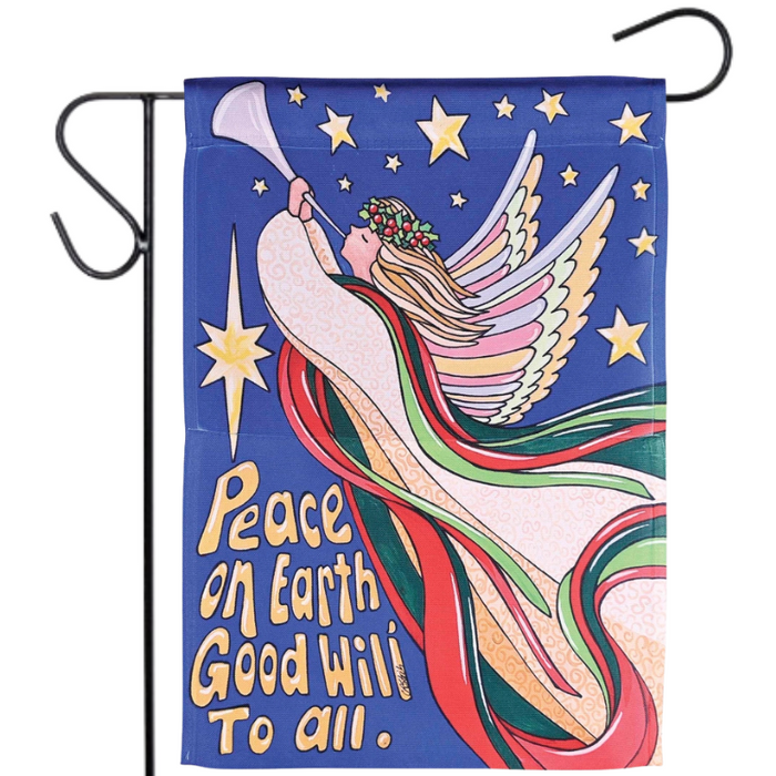 Decorative flag with angel design and 'Peace on Earth Good Will to All' text against a blue background with stars.