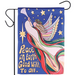 Decorative flag with angel design and 'Peace on Earth Good Will to All' text against a blue background with stars.