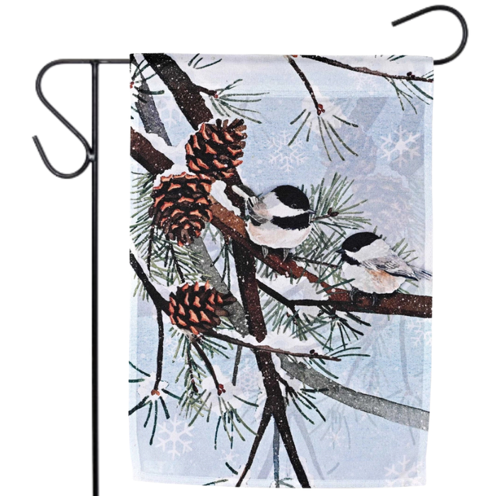 Blue Pines and Chickadees Garden Flag