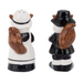Two ceramic squirrel salt and pepper shakers, one in a pilgrim outfit and the other in a maid outfit, holding pumpkins that say "Give" "Thanks".