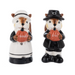 Two ceramic squirrel salt and pepper shakers, one in a pilgrim outfit and the other in a maid outfit, holding pumpkins that say "Give" "Thanks".