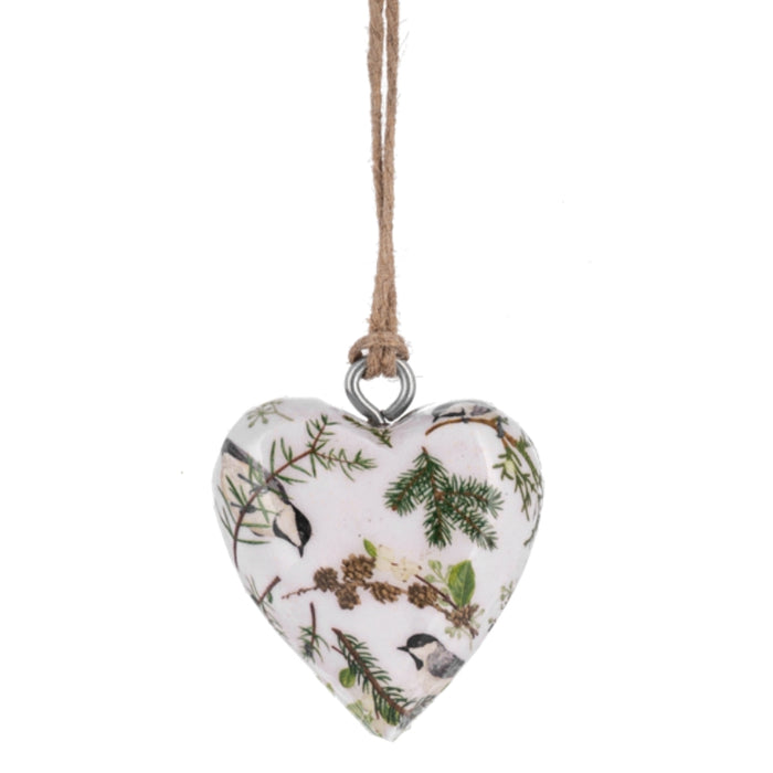 Chickadee Pine Wrapped Wood Heart Ornament