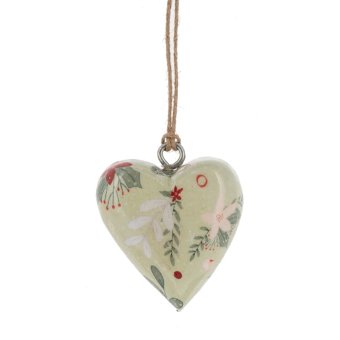 Winter Floral Wrapped Wood Heart Ornament