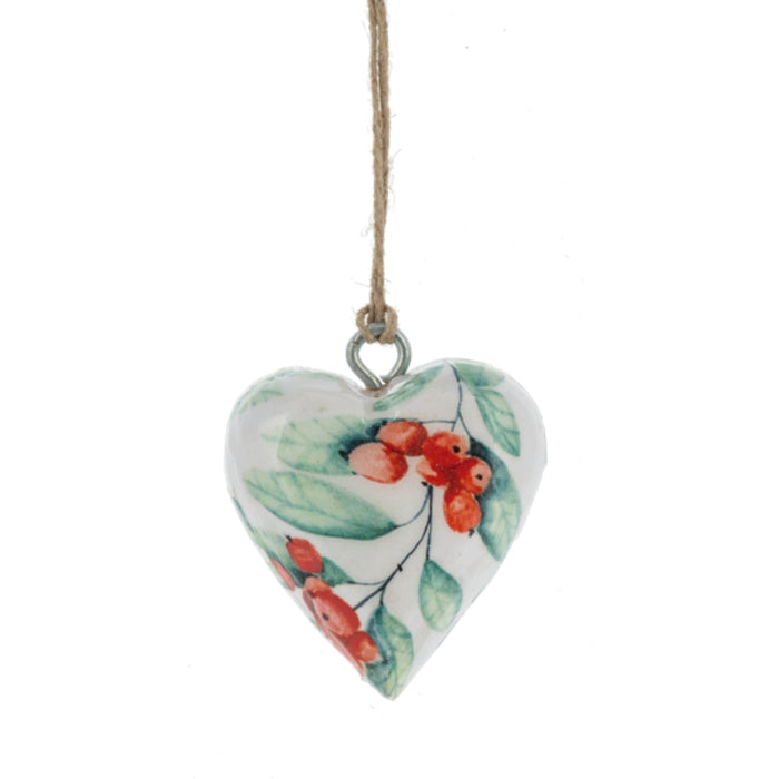 Holly Berries Wrapped Wood Heart Ornament
