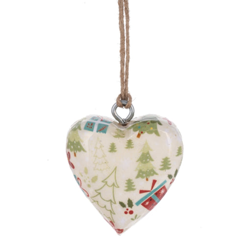 White Christmas Wrapped Wood Heart Ornament
