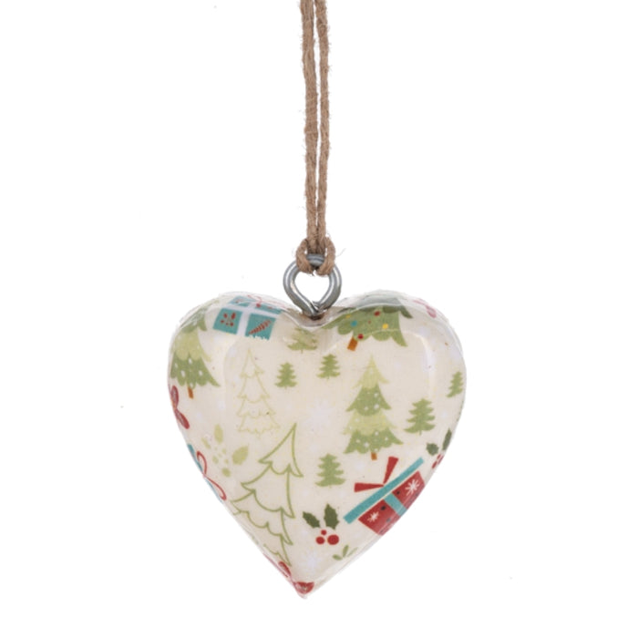 White Christmas Wrapped Wood Heart Ornament