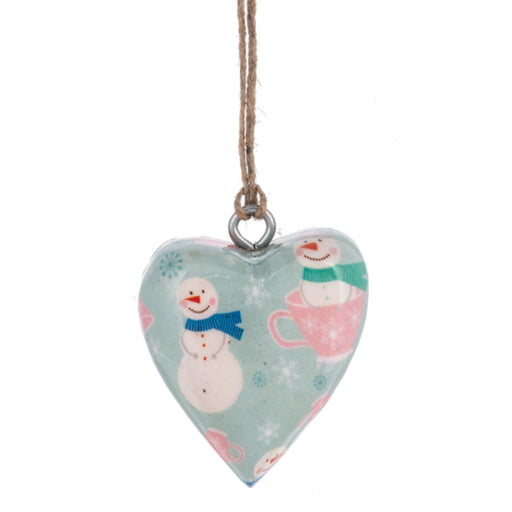 Snowmen Wrapped Wood Heart Ornament