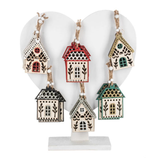 Wooden House Ornament display with a variety of styles