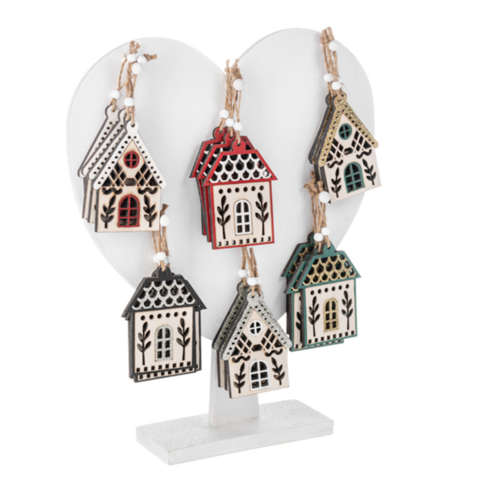Wooden House Ornament display with a variety of styles