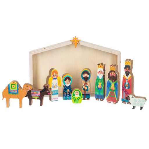 Wooden nativity scene set with creche, star, and religious figures