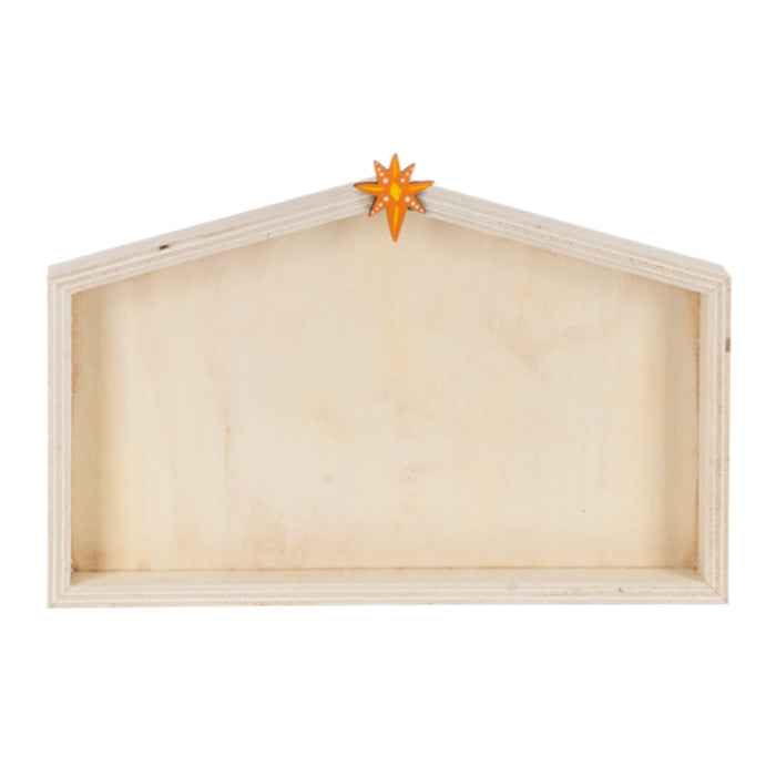 Wooden nativity scene set with creche, star, and religious figures