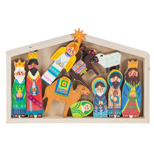 Wooden nativity scene set with creche, star, and religious figures
