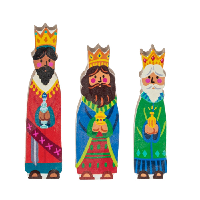 Wooden nativity scene set with creche, star, and religious figures