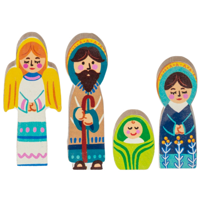 Wooden nativity scene set with creche, star, and religious figures