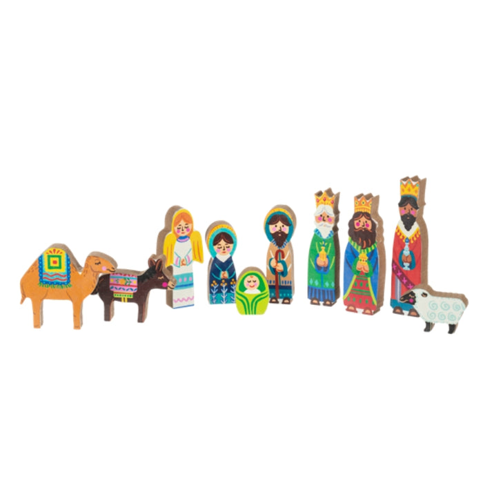 Wooden nativity scene set with creche, star, and religious figures