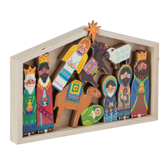 Wooden nativity scene set with creche, star, and religious figures