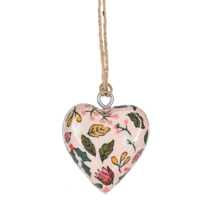 Pink Floral Wrapped Wood Heart Ornament