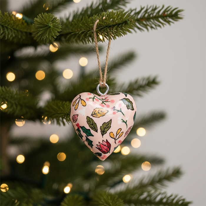 Pink Floral Wrapped Wood Heart Ornament