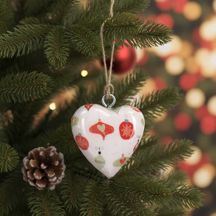 Cream Ornaments Wrapped Wood Heart Ornament