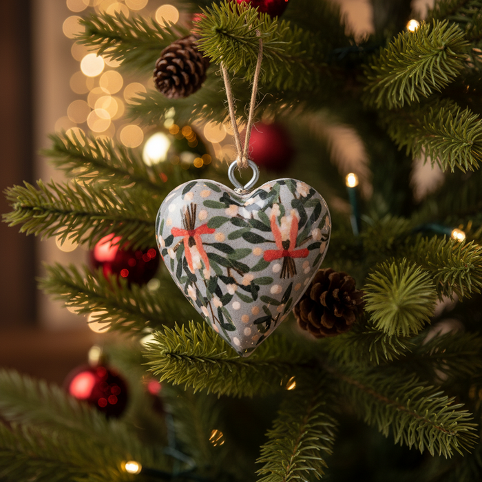 Snowberries Wrapped Wood Heart Ornament