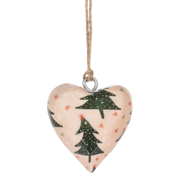 Pink Pine Trees Wrapped Wood Heart Ornament