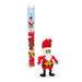 Small Santa Claus figure made of interlocking bricks next to a packaging tube